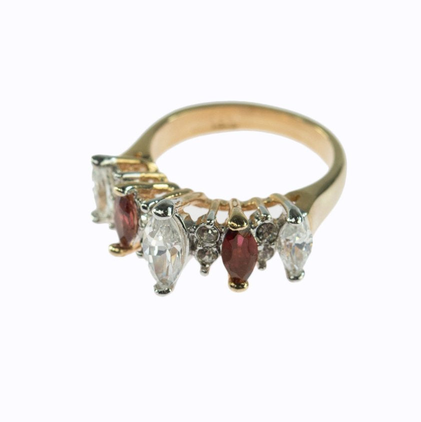 Vintage Genuine Garnet and Clear Cubic Zirconia Cocktail Ring 18k Yellow Gold Electroplated