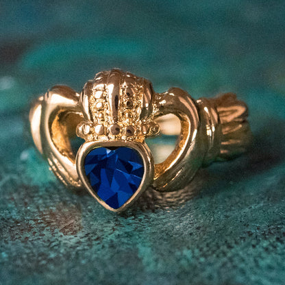 Vintage Jewelry Sapphire Austrian Crystal Claddagh Ring 18k Yellow Gold Electroplated Made in the USA