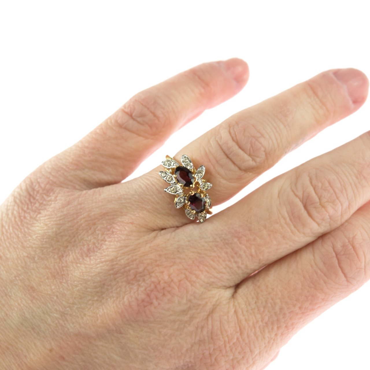 Vintage Ring Genuine Garnet and Clear Swarovski Crystals 18kt Gold Plated Band January Birthstone R1717 Size: 9