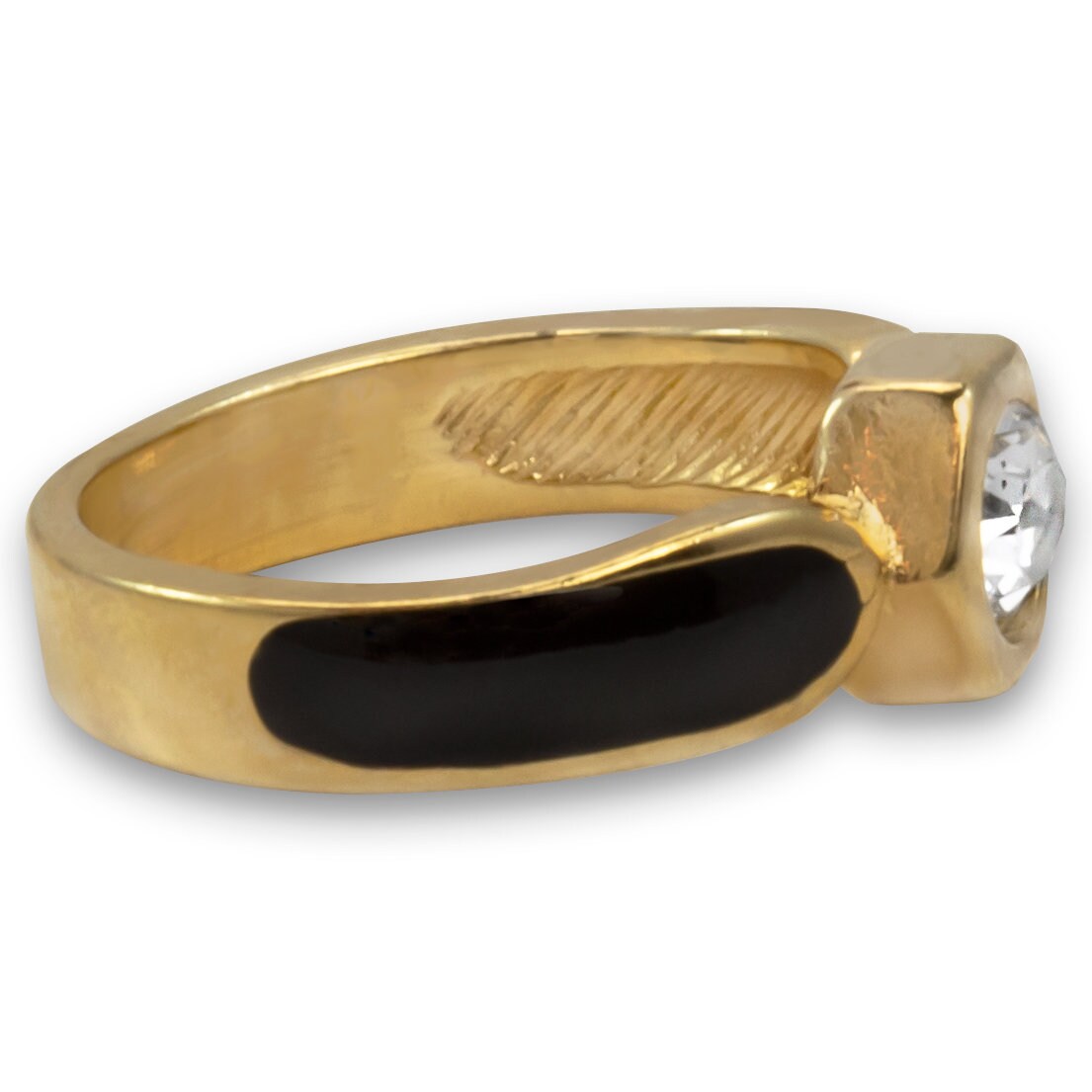 Vintage Ring 1980s Black Enamel Ring with Clear Swarovski Crystals Leaf Motif Antique 18k Gold Plated #R6000 Size 5