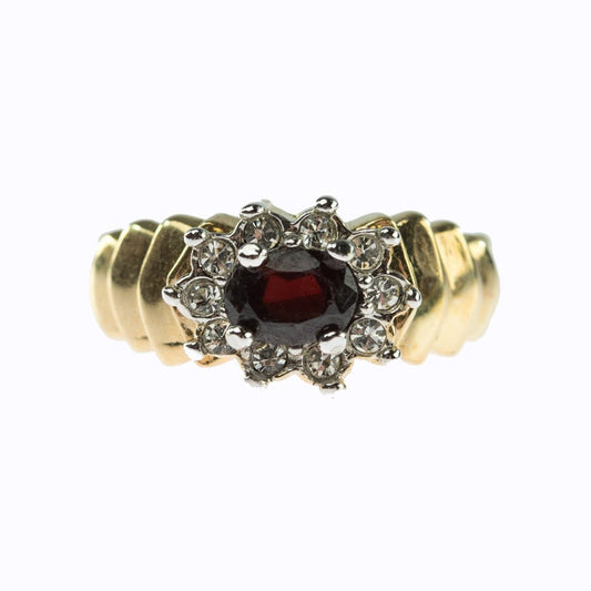 Vintage Ring Genuine Garnet and Clear Swarovski Crystals 18kt Gold Electroplated Band January Birthstone