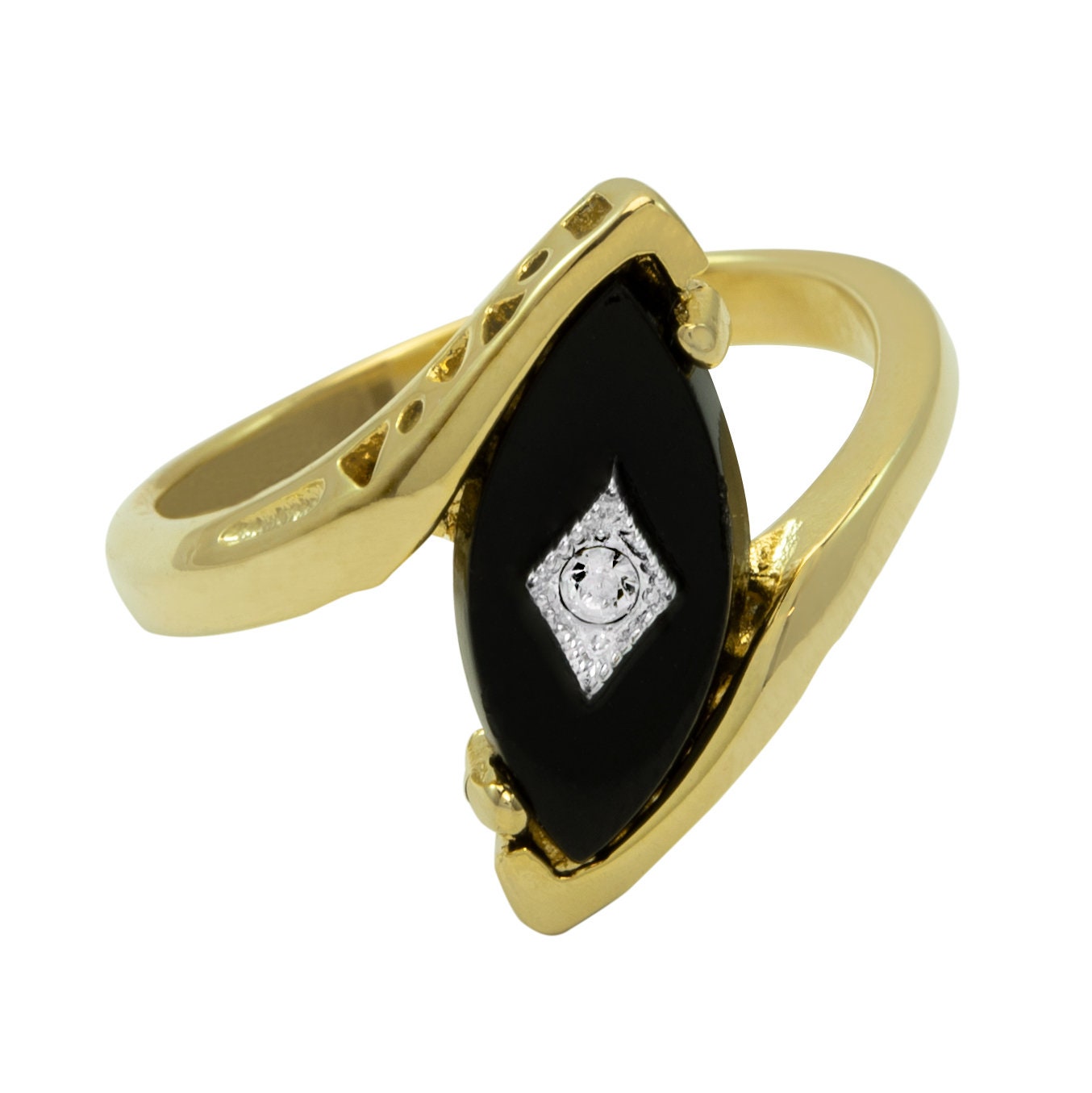 Vintage Imitation Onyx Stone set with Austrian Crystal 18kt Yellow Gold Electroplated Setting Made in USA #R961 Size: 4