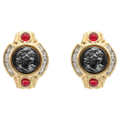 Anastasia Vintage Antique Gold Earrings Coin with Ruby and Clear Crystals E4089-CY