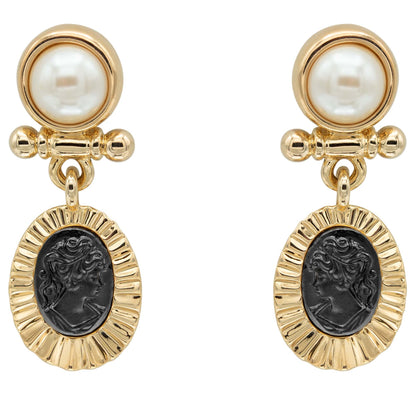 Elizabeth Vintage Gold Antique Pearl and Black Coin Cameo Dangle Earrings