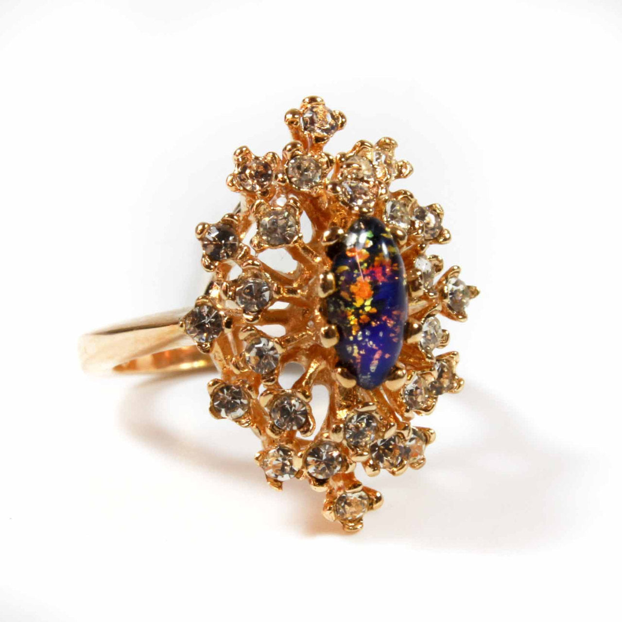 Vintage Ring Genuine Opal with Clear and Ruby Austrian Crystals 18kt Yellow Gold Electroplated