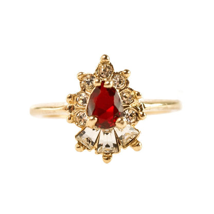 Vintage 1990's Ring Ruby and Clear Austrian Crystals 18k Yellow Gold Plated
