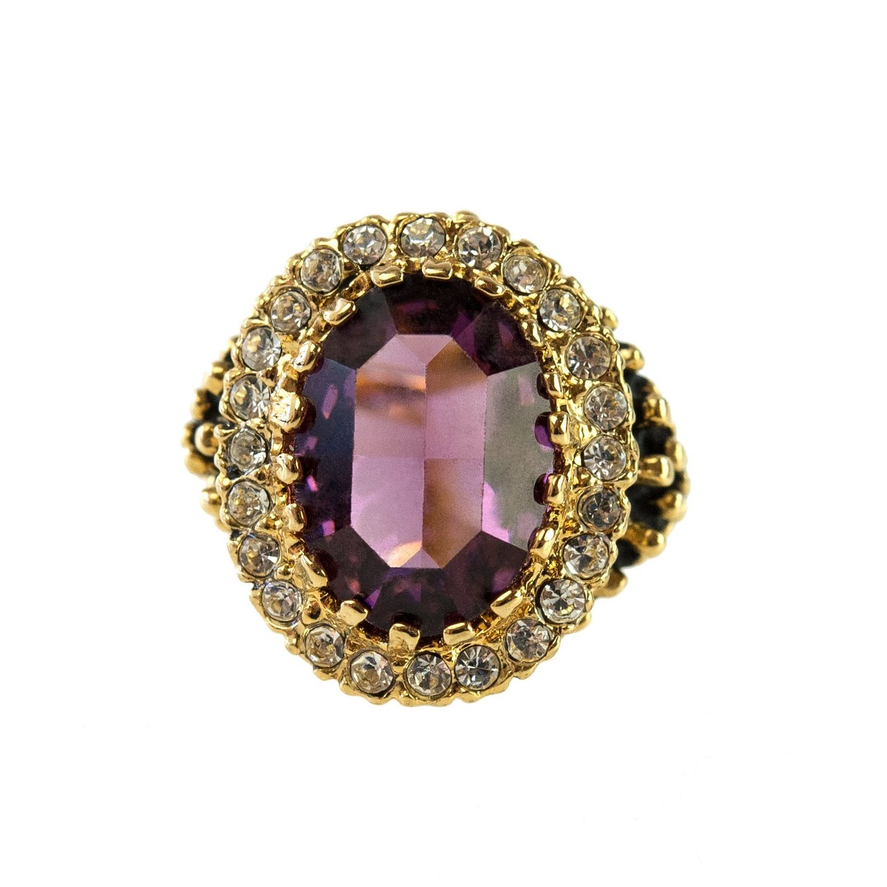 Vintage Amethyst and Clear Crystal 18k Antiqued Yellow Gold Electroplated Ring Made in the USA