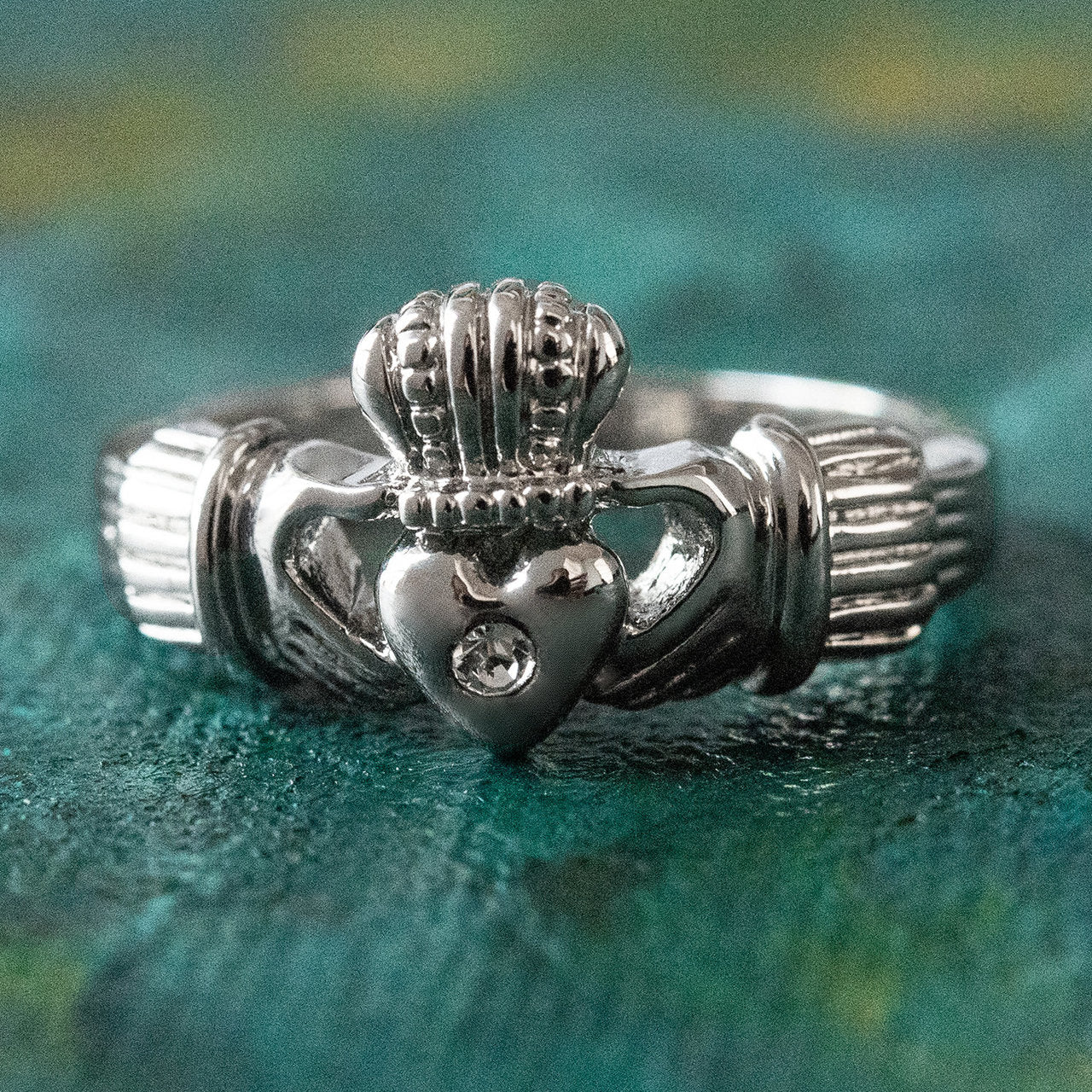 Vintage Jewelry Clear Austrian Crystal Claddagh Ring 18k White Gold Electroplated Made in the USA