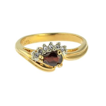 Vintage Ring Genuine Garnet and Clear Austrian Crystals 18kt Yellow Gold Electroplated Made in USA Size: 7