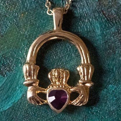 Vintage Claddagh Necklace Austrian Heart Crystal 18k Yellow Gold Electroplated Made in the USA