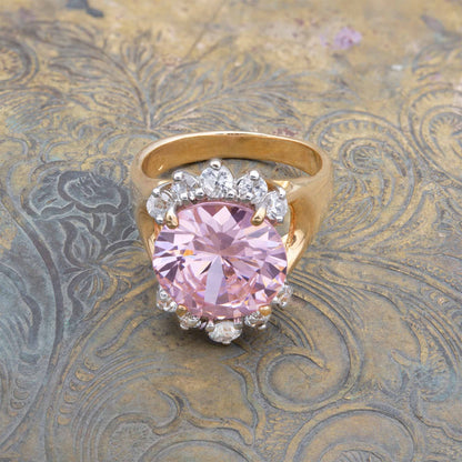 Vintage Ring Pink Tourmaline and Clear Crystal Cocktail Ring in 18kt Antique Womans Jewlery - Never Worn - Limited Stock Size: 7