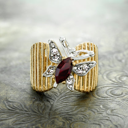 Vintage Butterfly Ring Genuine Coral and Clear Austrian Crystals 18kt Yellow Gold Electroplated