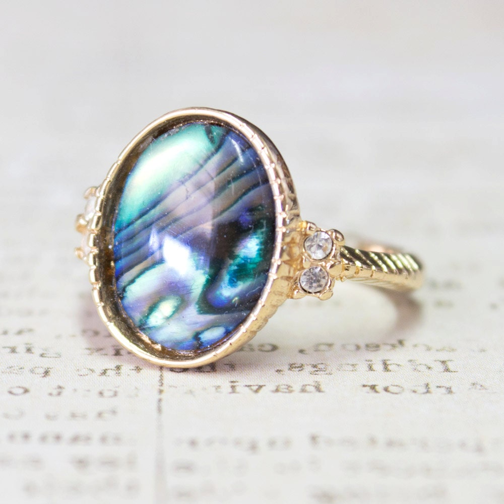 Vintage Ring Shimmering Blue Genuine Abalone Shell with Swarovski Crystal Accents 18k Gold Antique Woman #R1773