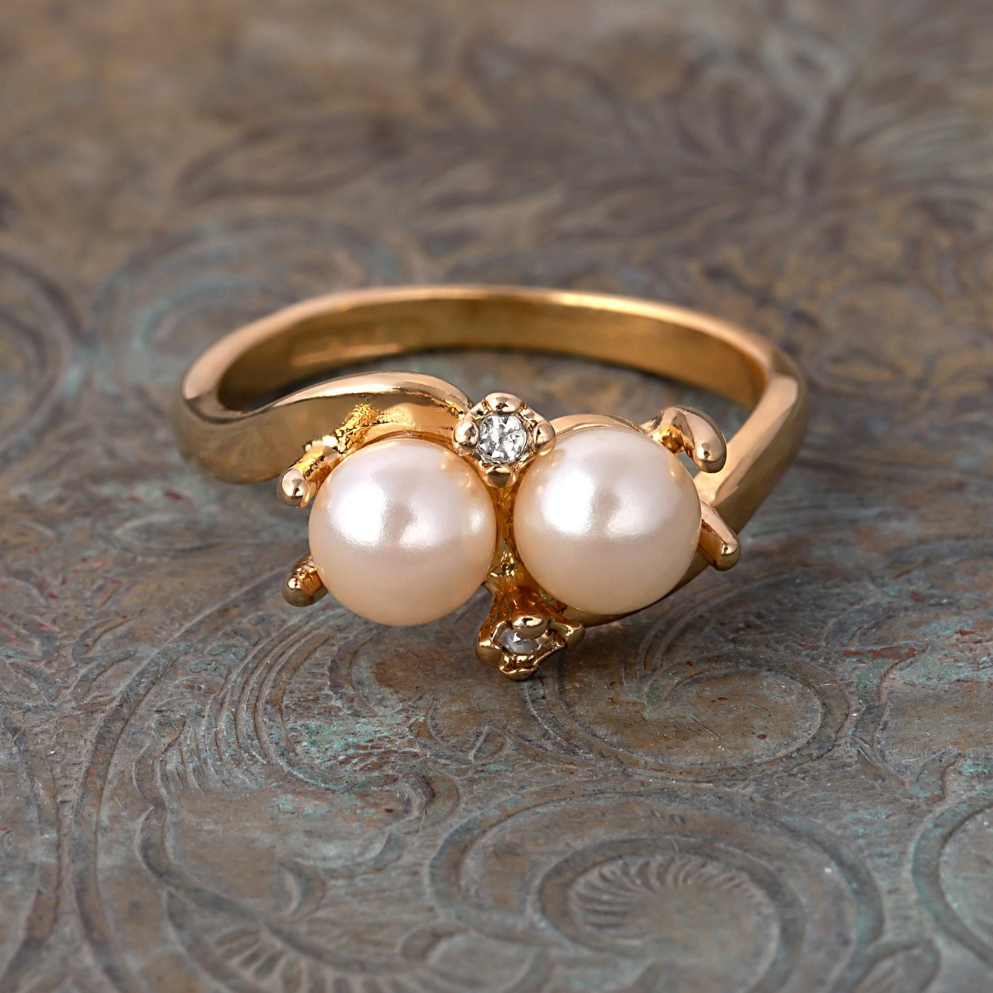 Vintage Pearl and Austrian Crystal Ring Made in USA