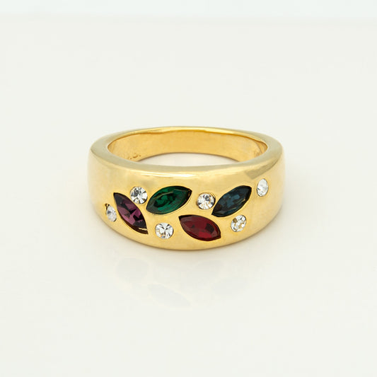 Vintage Ring Multi Colored Rainbow Style Austrian Crystals 18k Gold 1970s Era #R1551 Size: 4