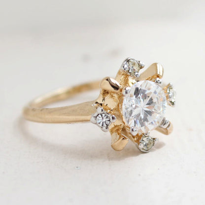 Vintage Cubic Zirconia and Austrian Crystal 18k Gold Electroplated Engagement Ring Made in USA Size: 5