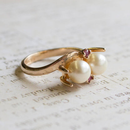 Vintage Pearl Beads with Genuine Ruby Accents 18k Gold Electroplated Ring Made in USA