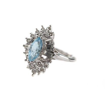 Vintage 1970's Aquamarine and Clear Austrian Crystals 18k White Gold Electroplated Ring Made in USA