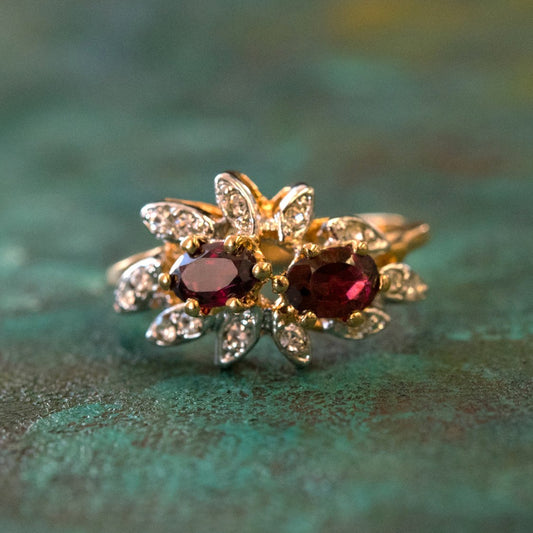 Vintage Ring Genuine Garnet and Clear Swarovski Crystals 18kt Gold Plated Band January Birthstone R1717 Size: 9