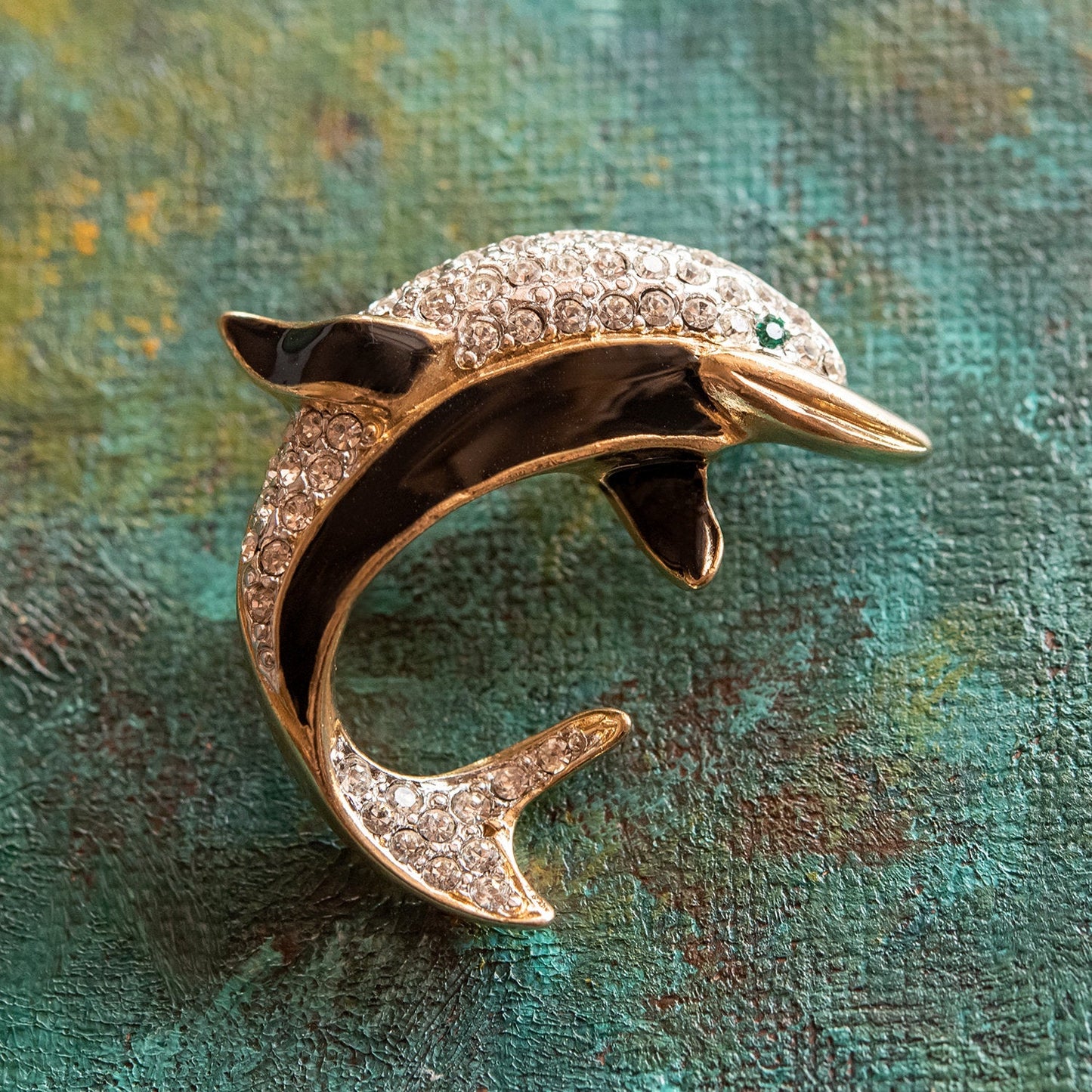 Vintage Ring Dolphin Pin Hand Painted and Clear Swarovski Crystals Emerald Crystal Eye 18k Gold Size: undefined