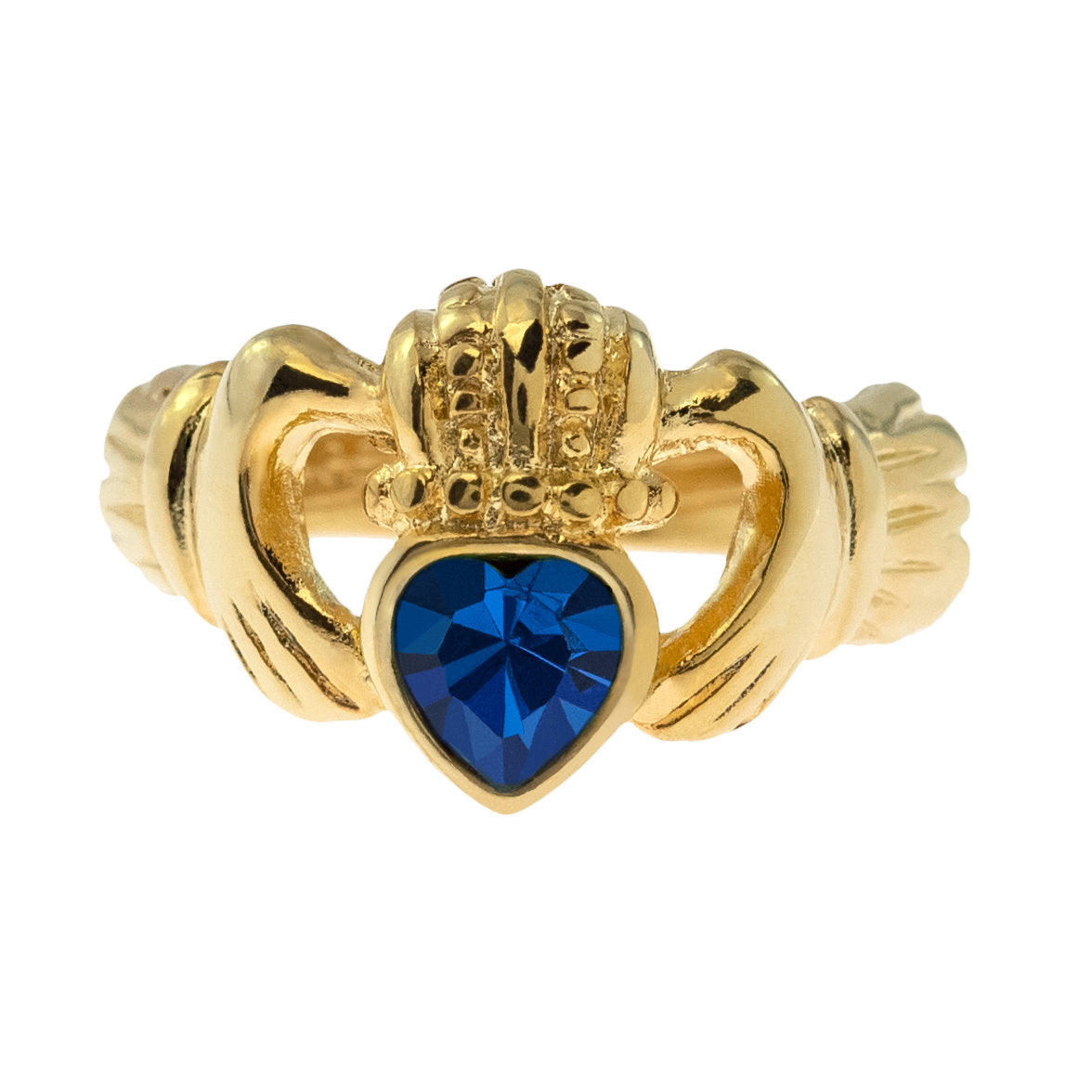 Vintage Jewelry Sapphire Austrian Crystal Claddagh Ring 18k Yellow Gold Electroplated Made in the USA