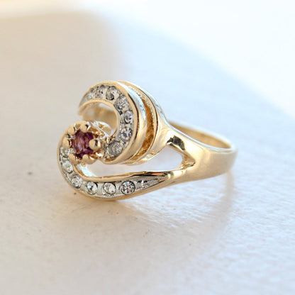 Vintage Ring 18k Yellow Gold Electroplated with Alexandrite and Clear Crystals made in the USA