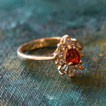 Vintage 1990's Ring Ruby and Clear Austrian Crystals 18k Yellow Gold Plated