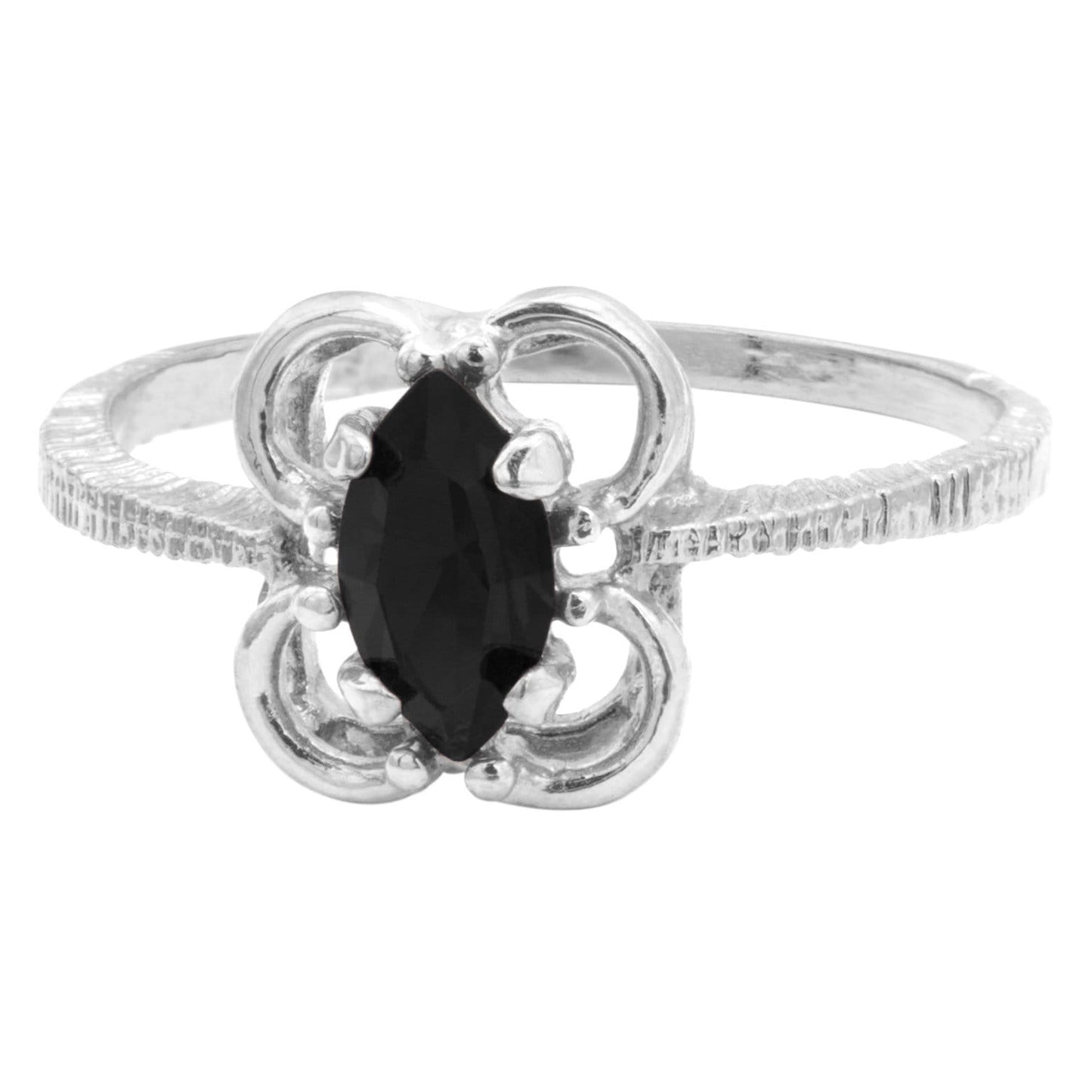 Vintage Jewelry Marquise Cut Jet Black Crystal Cocktail Ring in 18k White Gold Electroplate