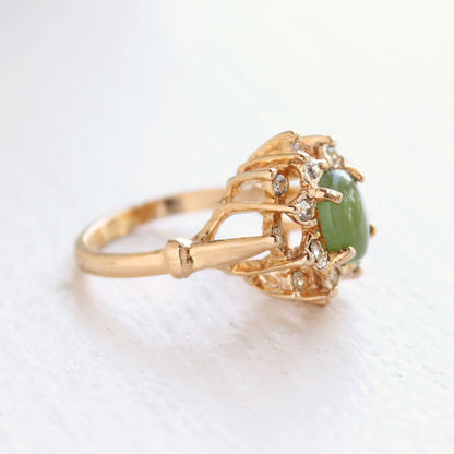 Vintage Ring Genuine Jade surrounded with Austrian Crystals 18k Yellow Gold Electroplated