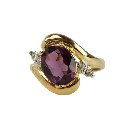 Vintage Ring Amethyst and Clear Swarovski Crystals 18kt Gold Antique Womans Jewelry #R2928