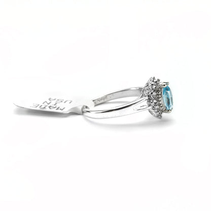 Vintage Ring Aquamarine and Clear Austrian Crystals 18kt White Gold Electroplated Made in USA