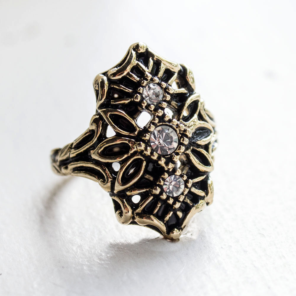 Vintage Edwardian Style Ring Antique 18k Yellow Gold Electroplated Clear Austrian Crystals Size: 7