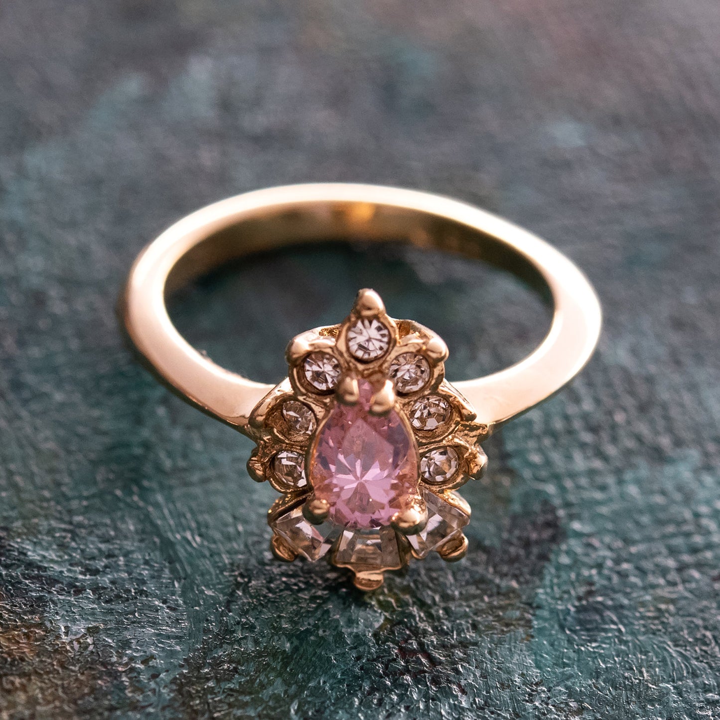 Vintage 1990's Ring Ruby and Clear Austrian Crystals 18k Yellow Gold Plated