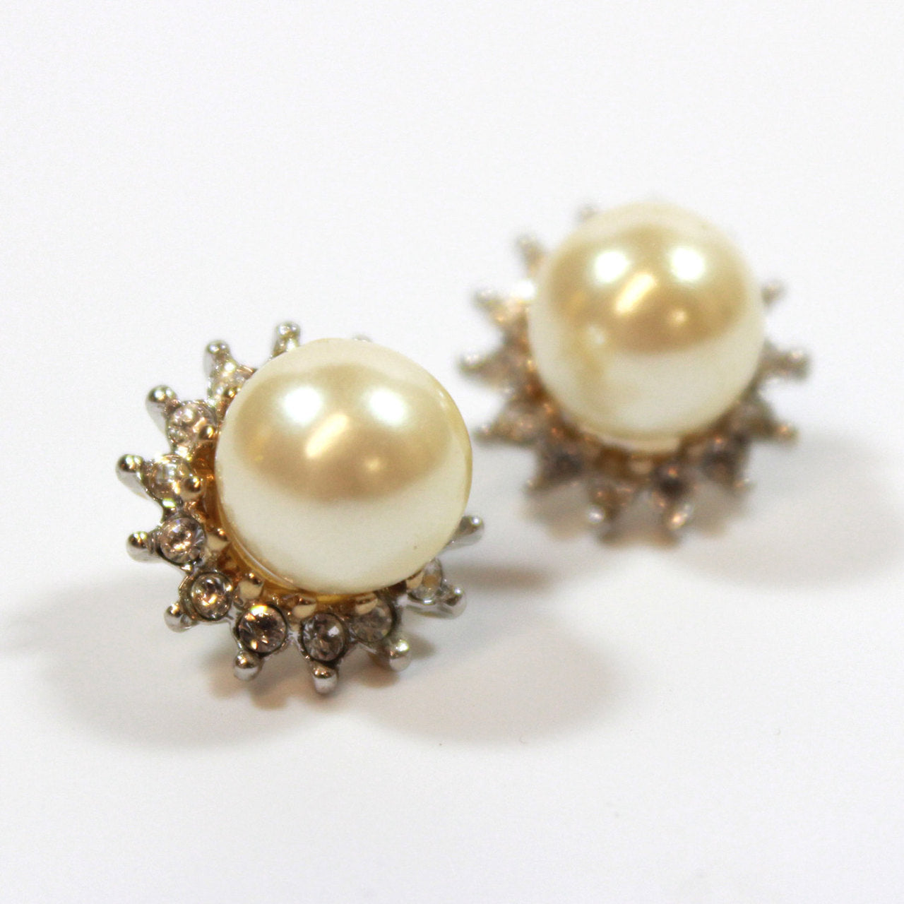 Vintage 1970's Pearl and Clear Austrian Crystal Post Earrings 18k Gold Electroplated Made in USA