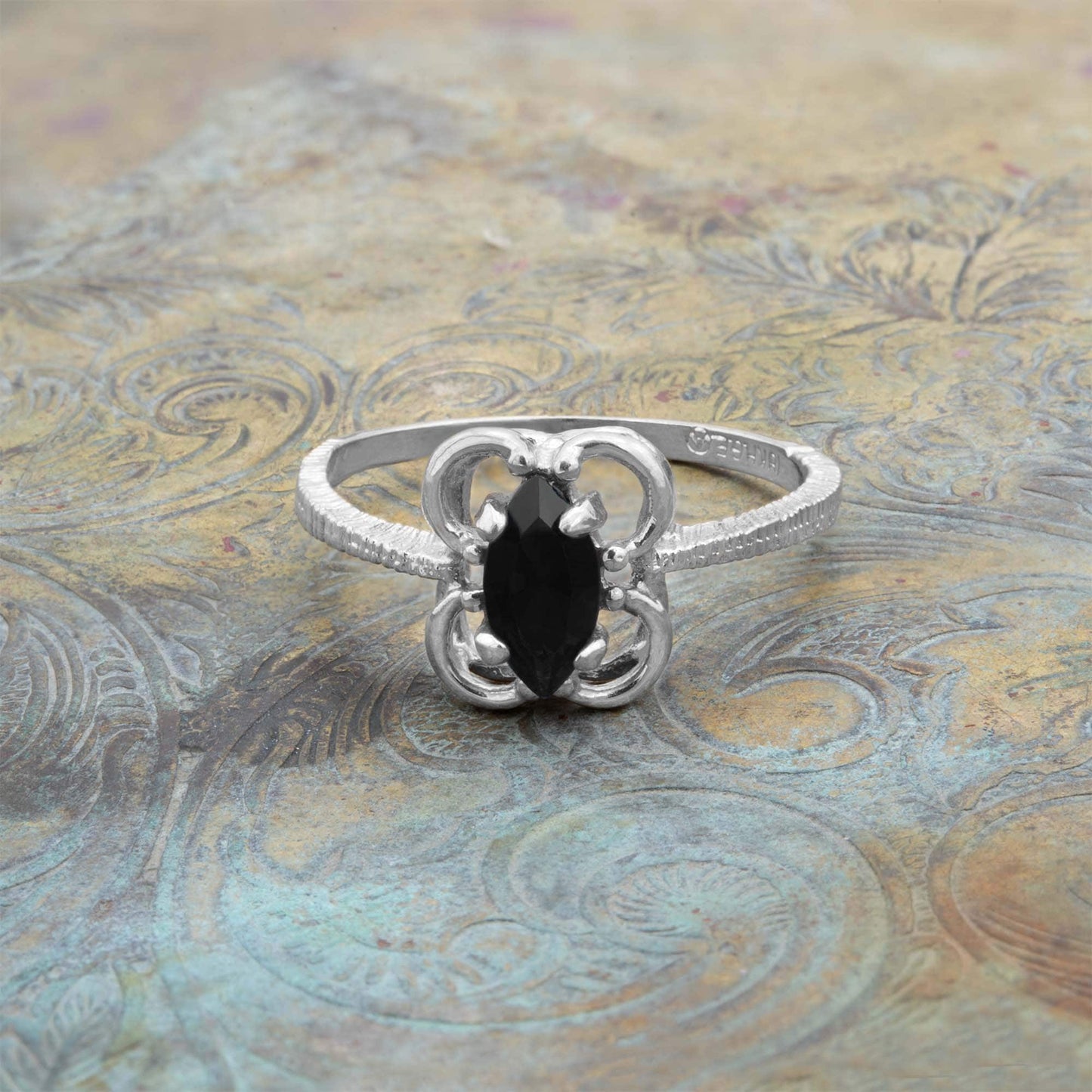 Vintage Jewelry Marquise Cut Jet Black Crystal Cocktail Ring in 18k White Gold Electroplate