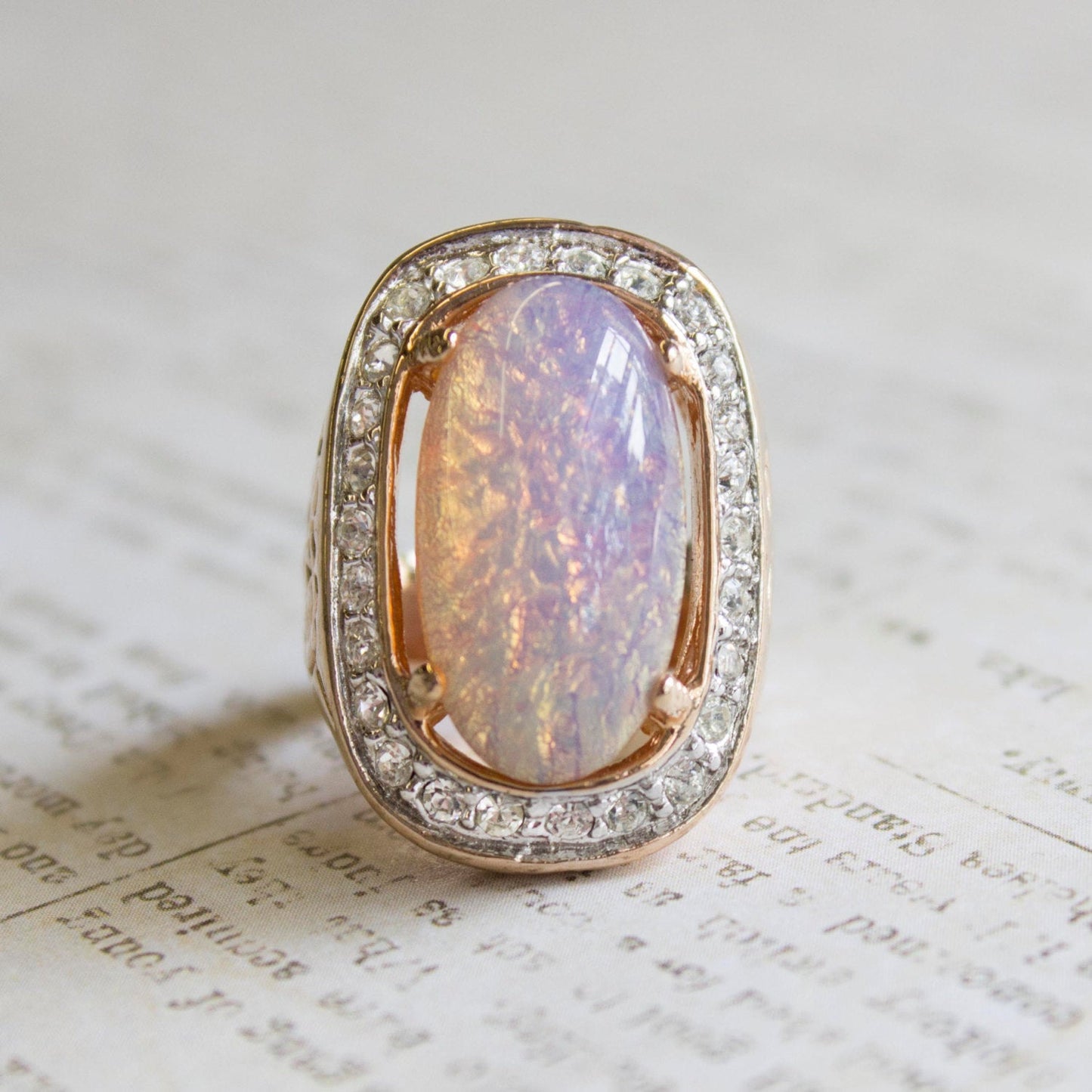 Vintage Large Harlequin Opal and Clear Austrian Crystals 18k Antique Yellow Gold Electroplated Cocktail Ring Made in USA