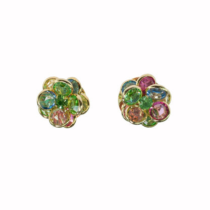 Vintage Flower Clip Pastel Crystal Earrings 18k Yellow Gold Electroplated