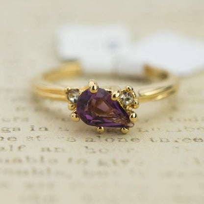 Vintage Amethyst and Clear Austrian Crystals 18k Yellow Gold Electroplated Ring Made in USA