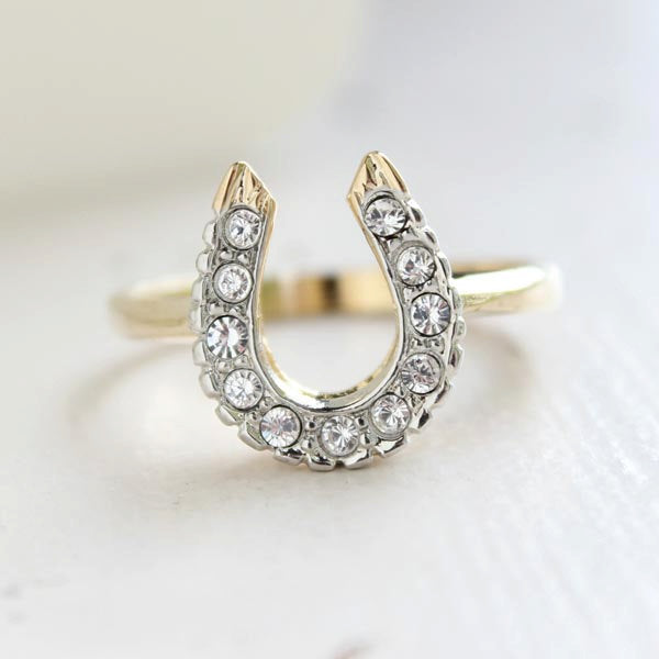 Vintage Ring 1970s Lucky Horseshoe Ring Austrian Crystals 18k Gold Antique Womans Jewelry Horse