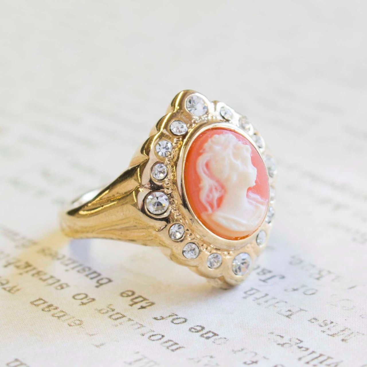 Antique Vintage Ring 1970s 18k Gold Plated White on Coral Cameo Ring Clear Swarovski Crystals Womans Costume Handmade Jewelry #R2146 Size: 6