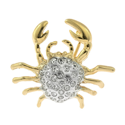 Vintage Ring Crab Brooch Pin Clear Swarovski Crystals 18k Gold Antique Jewelry for Woman
