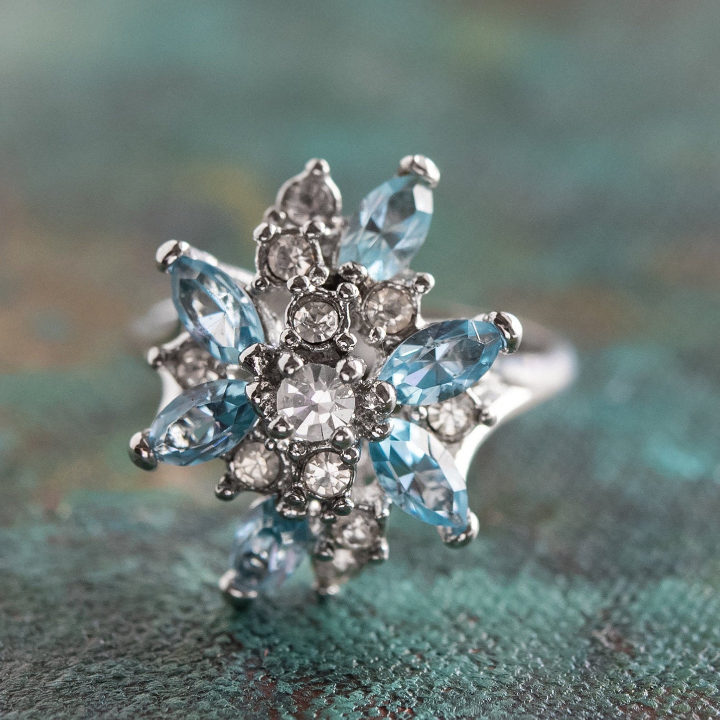 Vintage Ring Aquamarine and Clear Swarovski Crystals 18k White Gold Unique Cluster Antique Womans #R1863-AQW Size: 4