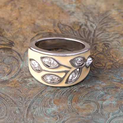 crystal ring-white enamel ring-leaf design