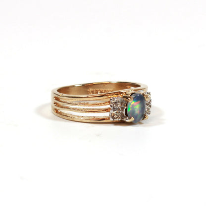 Vintage Jewelry Genuine Jelly Opal with Clear Crystal Accents on Sides Ring, Plated in 18kt Electroplated Yellow Gold Made in the USA