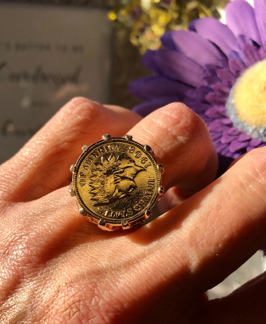 coin ring-penney ring-gold coin ring-gold penny ring-indian penny ring 1906