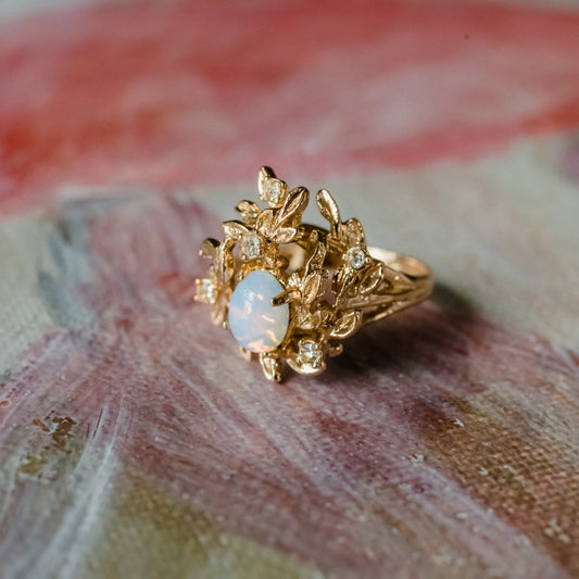 Vintage Flower Petals Ring with Jelly Opal and Clear Crystals 18k Yellow Gold Electroplated Size: 4