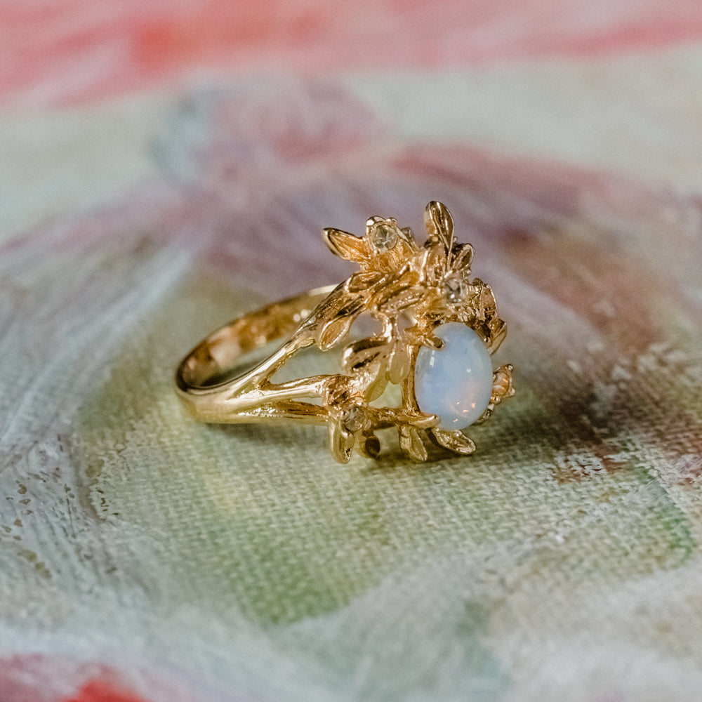 Vintage Flower Petals Ring with Jelly Opal and Clear Crystals 18k Yellow Gold Electroplated Size: 4