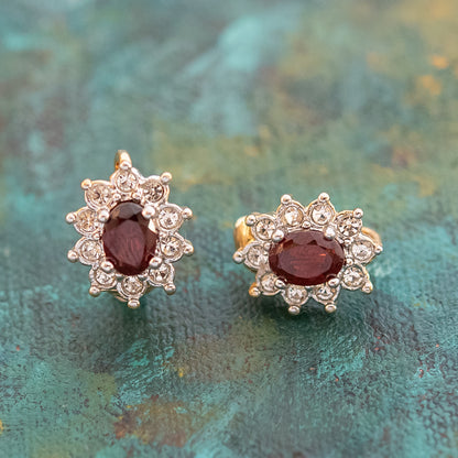 Vintage Genuine Garnet or Light Topaz Crystal Surrounded by Austrian Crystal Earrings 18k Yellow Gold Electroplated