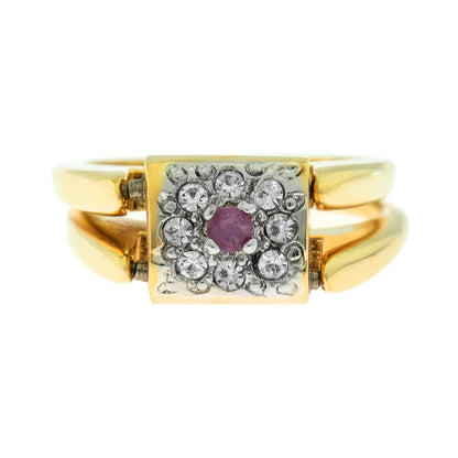 Vintage Ring Genuine Ruby and Clear Austrian Crystals 18kt Yellow Gold Plated Band Made in USA Size: 4