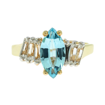 Vintage Ring Genuine Blue Topaz and Clear Austrian Crystals 18kt Yellow Gold Plated Size 5